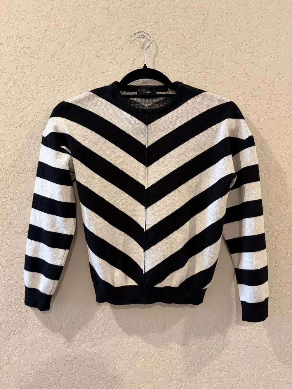 Tahari Black and White Striped Chevron Crewneck Sweater